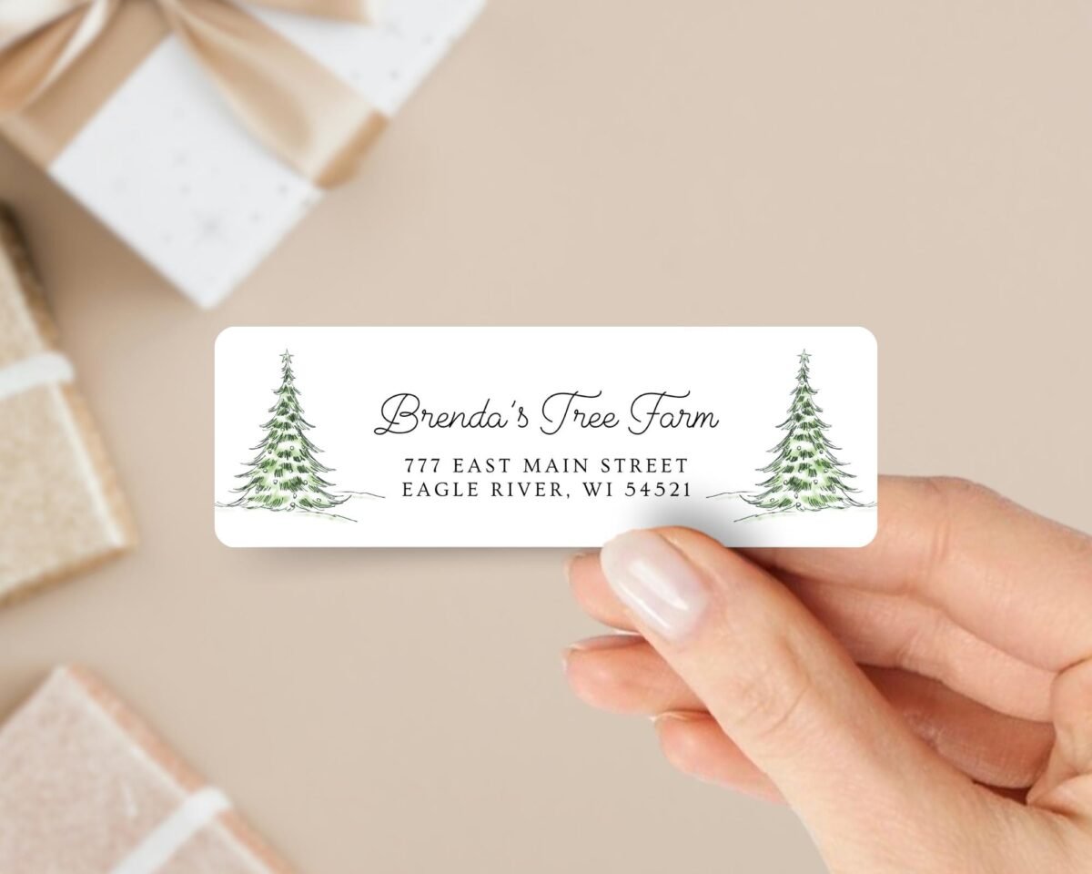 Christmas Return Address Labels with Pine Trees, Includes 18 Labels/Sticker Sheet, 1 x 3 inches