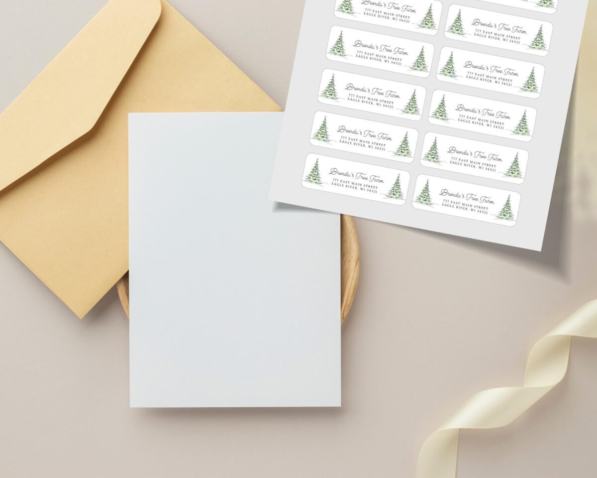 Christmas Return Address Labels with Pine Trees, Includes 18 Labels/Sticker Sheet, 1 x 3 inches