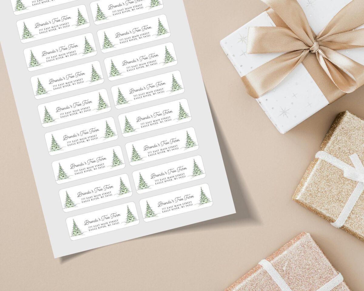 Christmas Return Address Labels with Pine Trees, Includes 18 Labels/Sticker Sheet, 1 x 3 inches
