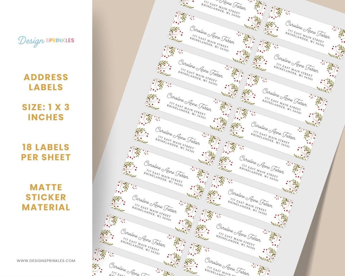 Christmas Return Address Labels with Winter Florals, Includes 18 Labels/Sticker Sheet, 1 x 3 inches
