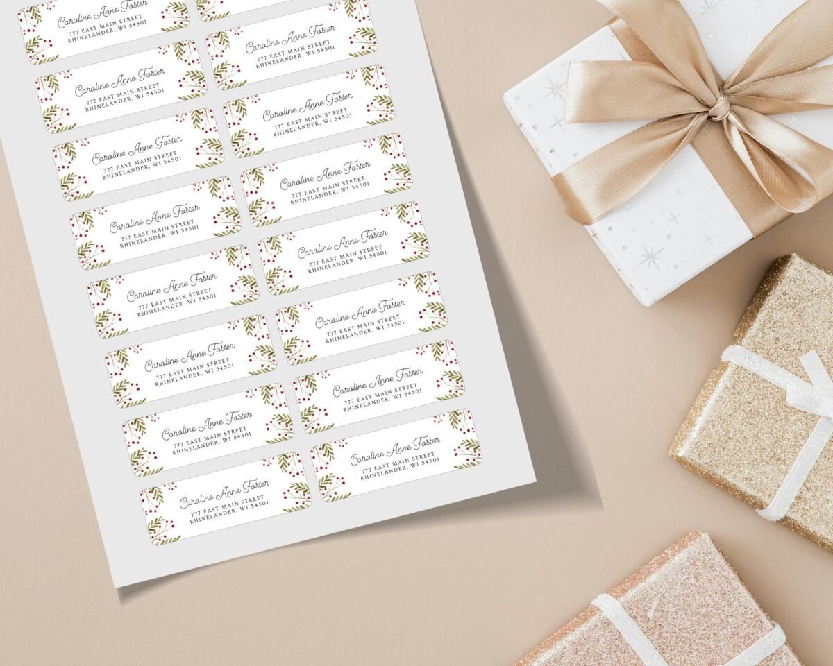 Christmas Return Address Labels with Winter Florals, Includes 18 Labels/Sticker Sheet, 1 x 3 inches
