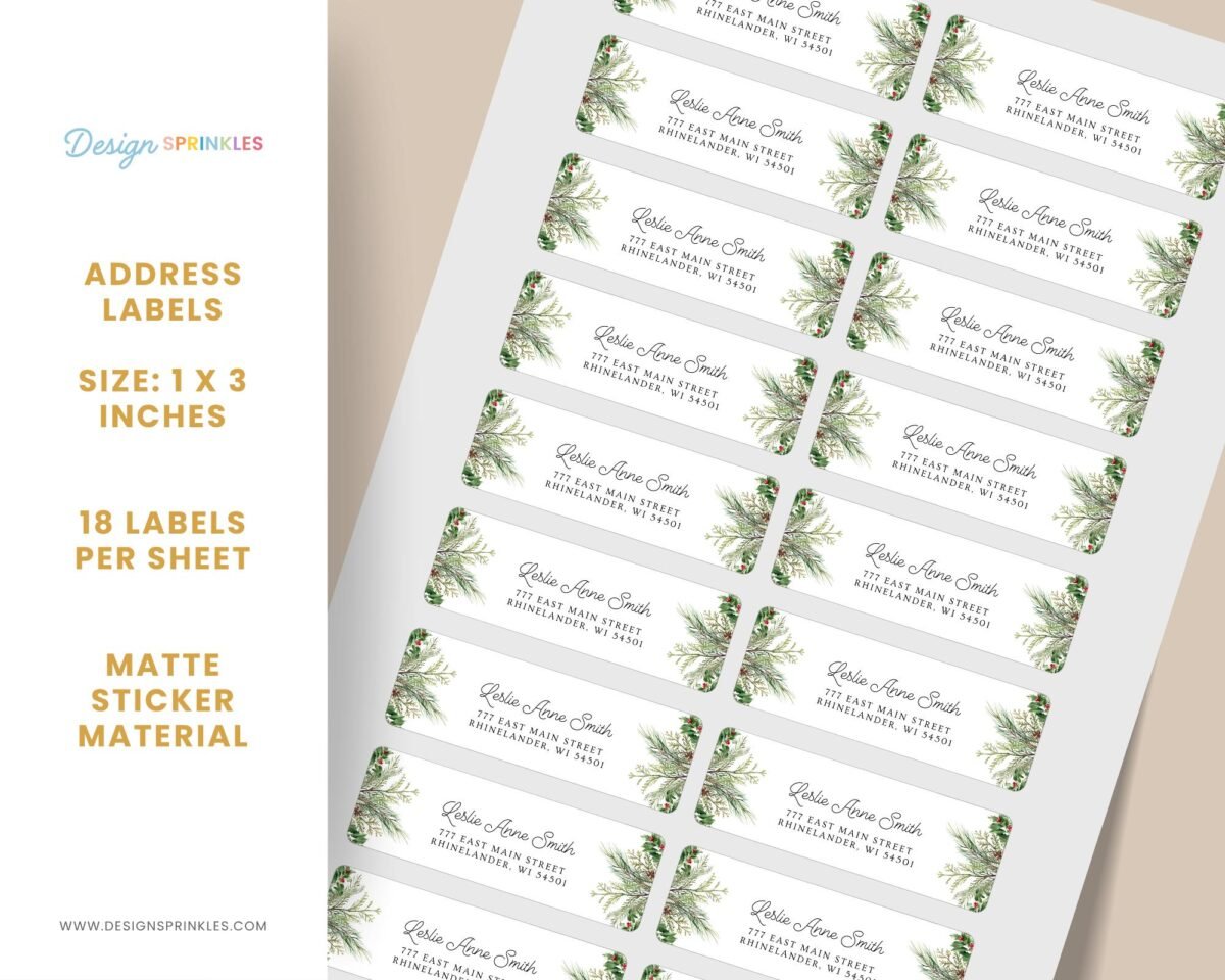 Christmas Return Address Labels with Winter Pine, Includes 18 Labels/Sticker Sheet, 1 x 3 inches
