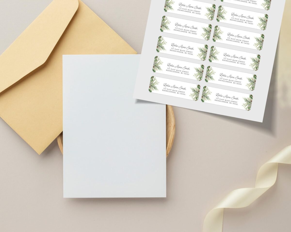 Christmas Return Address Labels with Winter Pine, Includes 18 Labels/Sticker Sheet, 1 x 3 inches