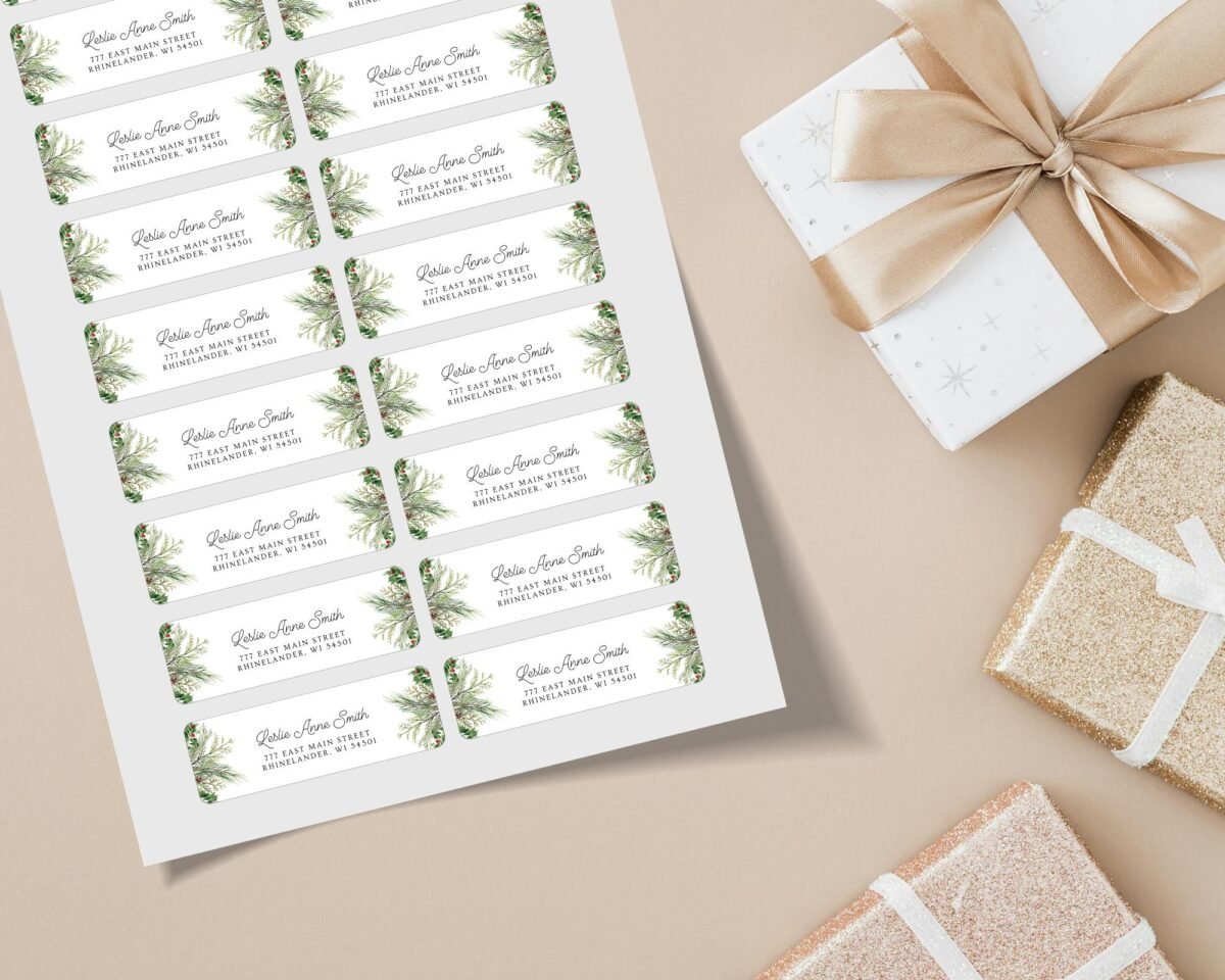 Christmas Return Address Labels with Winter Pine, Includes 18 Labels/Sticker Sheet, 1 x 3 inches