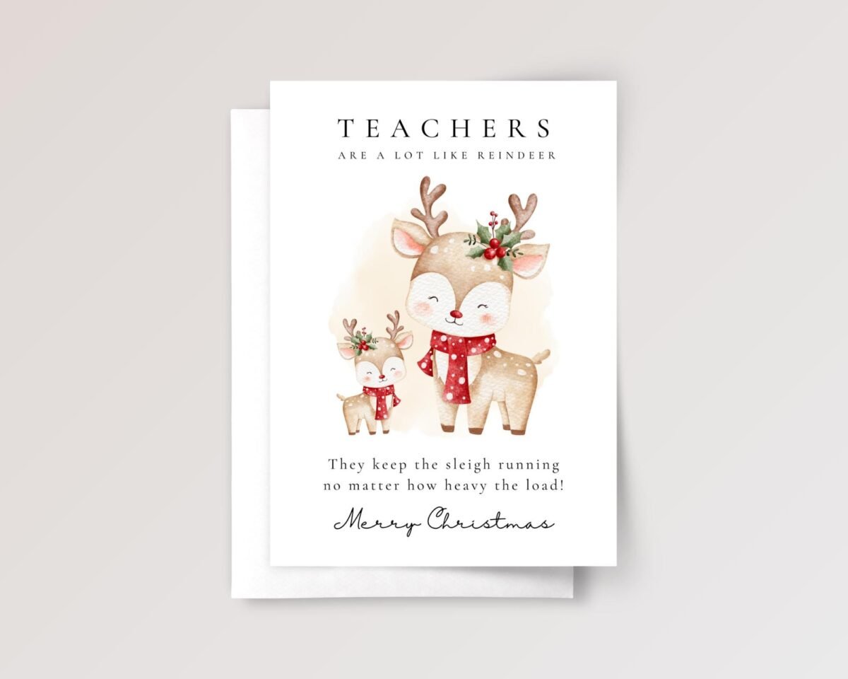 Personalized Christmas Card for Teacher, 5 x 7 Reindeer Greeting Card, Christmas Gift for Teacher