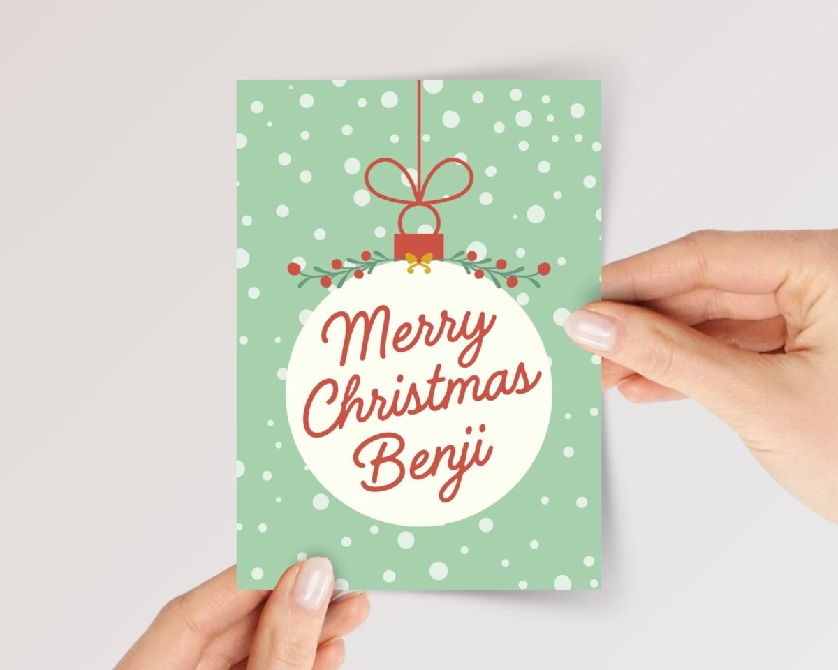 Personalized Christmas Card with Ornament, 5 x 7 Holiday Greeting for Kids, Green, Pink