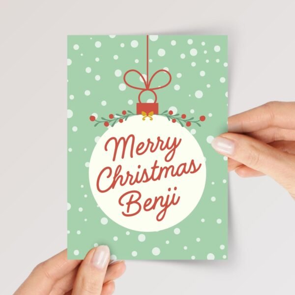Personalized Christmas Card with Ornament, 5 x 7 Holiday Greeting for Kids, Green, Pink