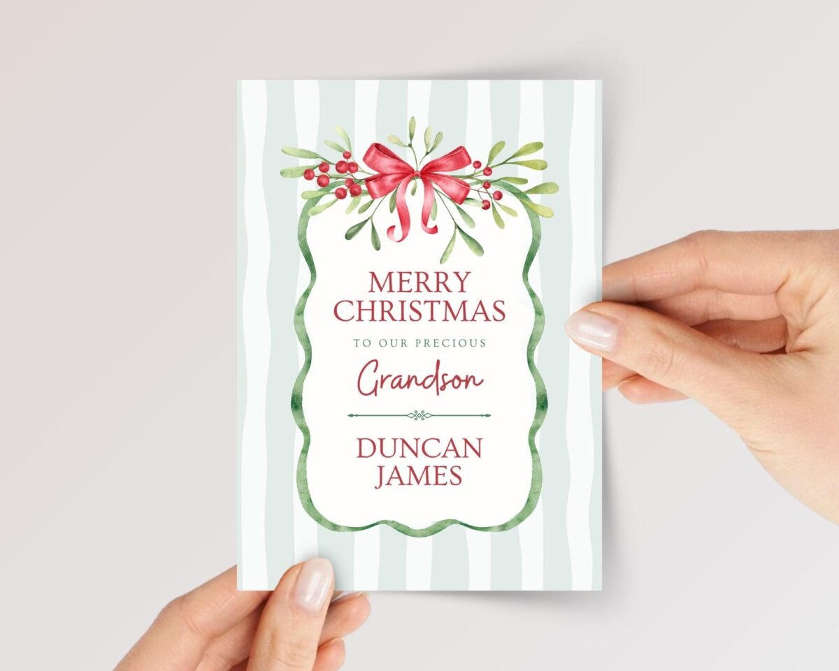 Personalized Christmas Card for Grandchild with Green Stripes and Red Bow, 5 x 7 Inches