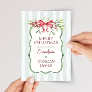 Personalized Christmas Card for Grandchild with Green Stripes and Red Bow, 5 x 7 Inches