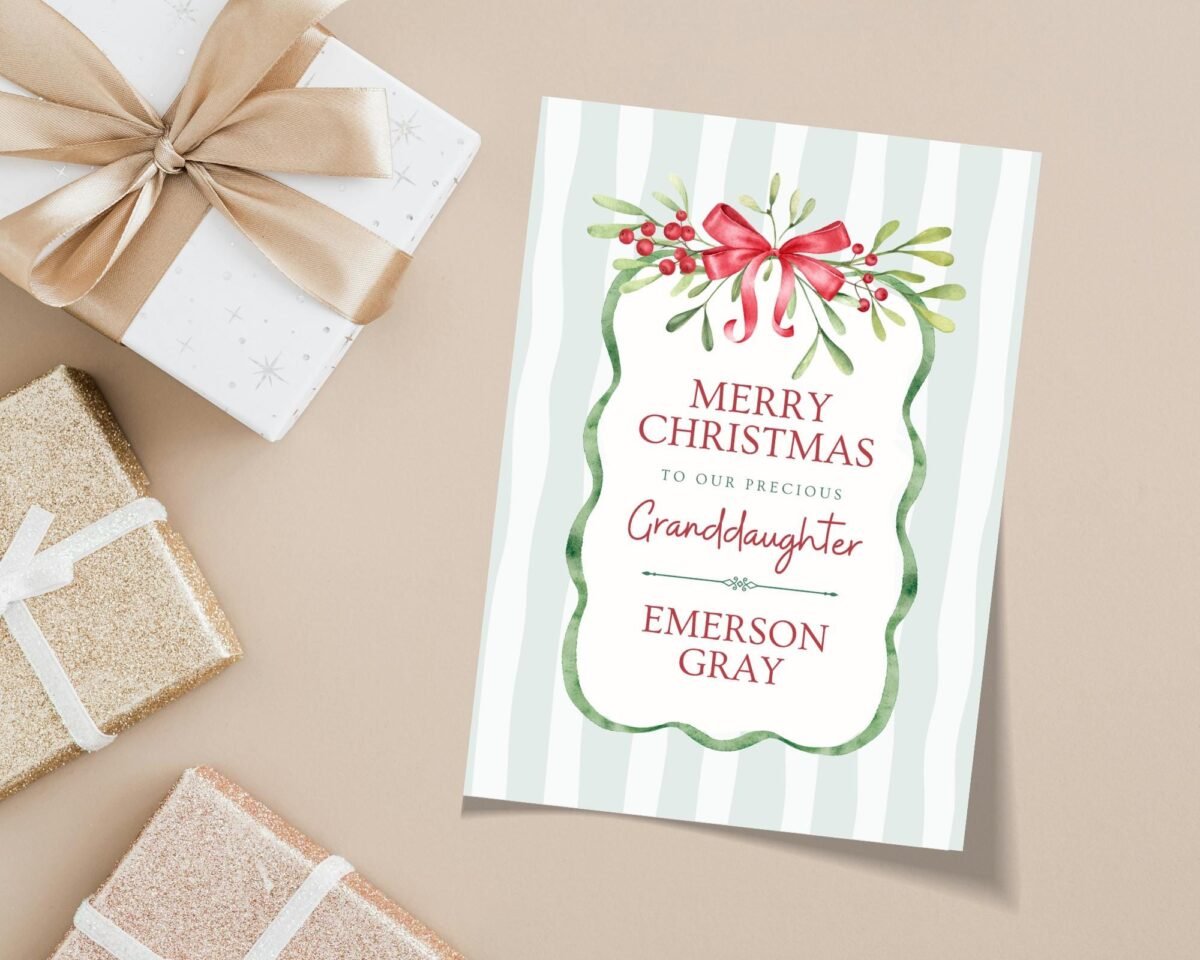 Personalized Christmas Card for Grandchild with Green Stripes and Red Bow, 5 x 7 Inches