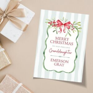 Personalized Christmas Card for Grandchild with Green Stripes and Red Bow, 5 x 7 Inches