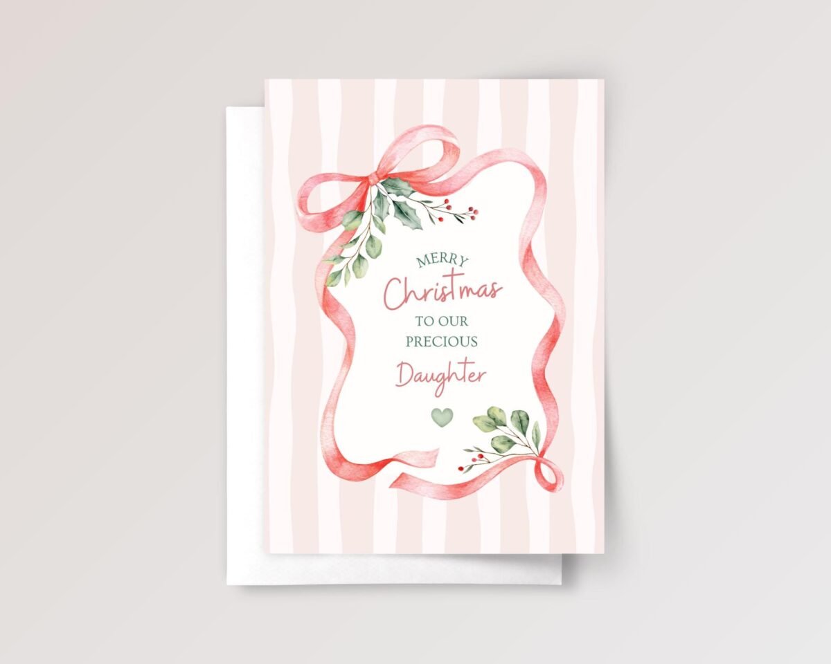 Christmas Card for Daughter with Pink Watercolor Ribbon, 5 x 7 Kids Greeting Card