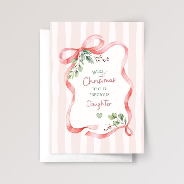 Christmas Card for Daughter with Pink Watercolor Ribbon, 5 x 7 Kids Greeting Card
