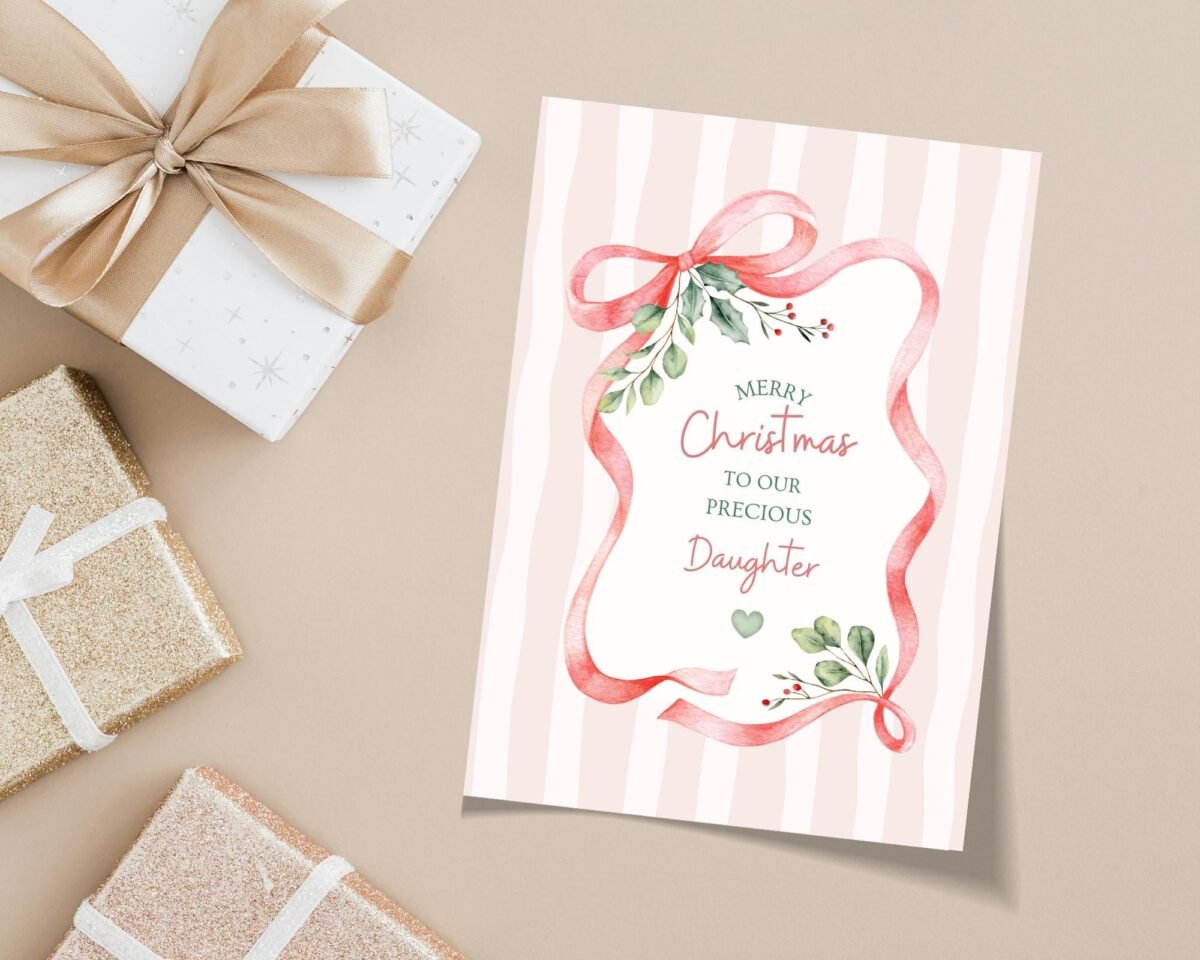 Christmas Card for Daughter with Pink Watercolor Ribbon, 5 x 7 Kids Greeting Card