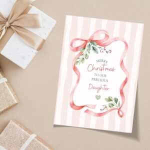 Christmas Card for Daughter with Pink Watercolor Ribbon, 5 x 7 Kids Greeting Card