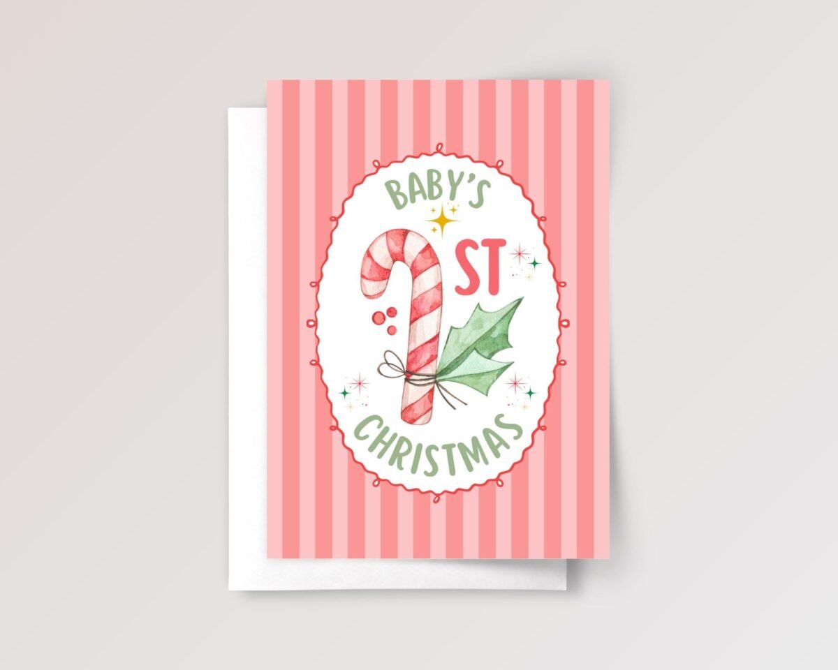 Baby's First Christmas Card, 5 x 7 Candy Cane Greeting Card with Red/Green Stripes