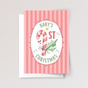Baby's First Christmas Card, 5 x 7 Candy Cane Greeting Card with Red/Green Stripes