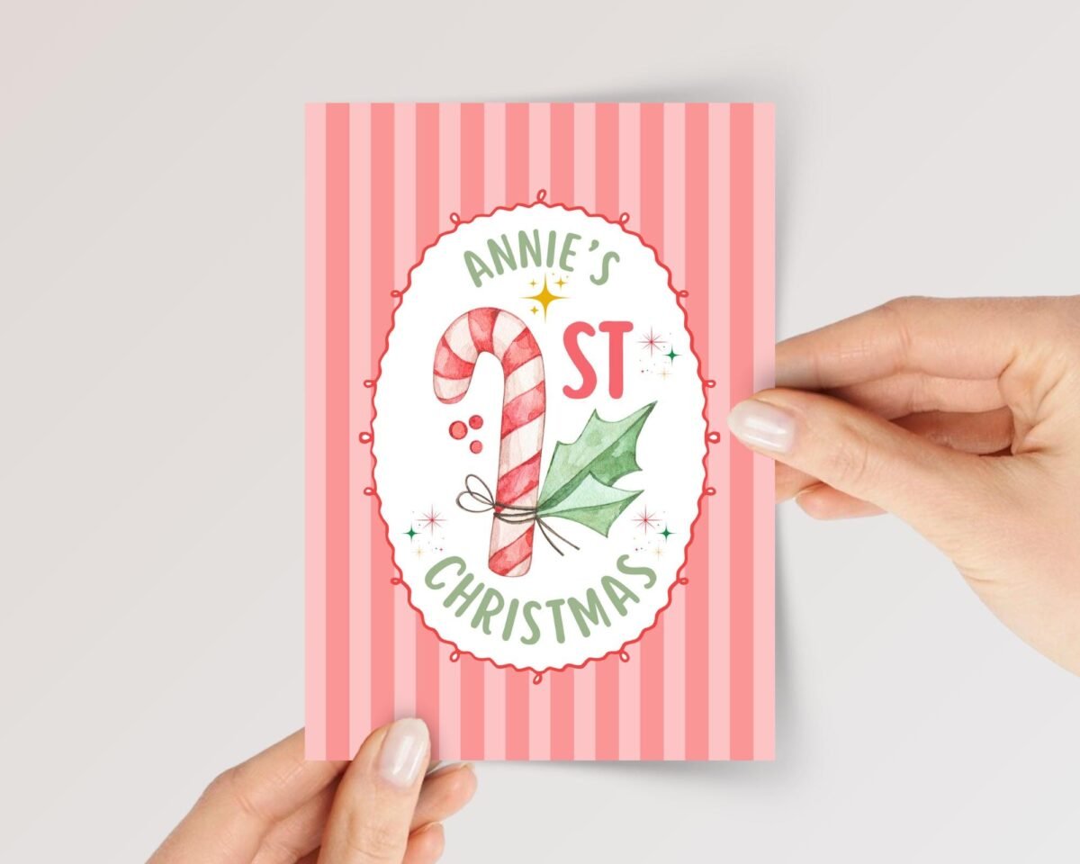 Baby's First Christmas Card, 5 x 7 Candy Cane Greeting Card with Red/Green Stripes