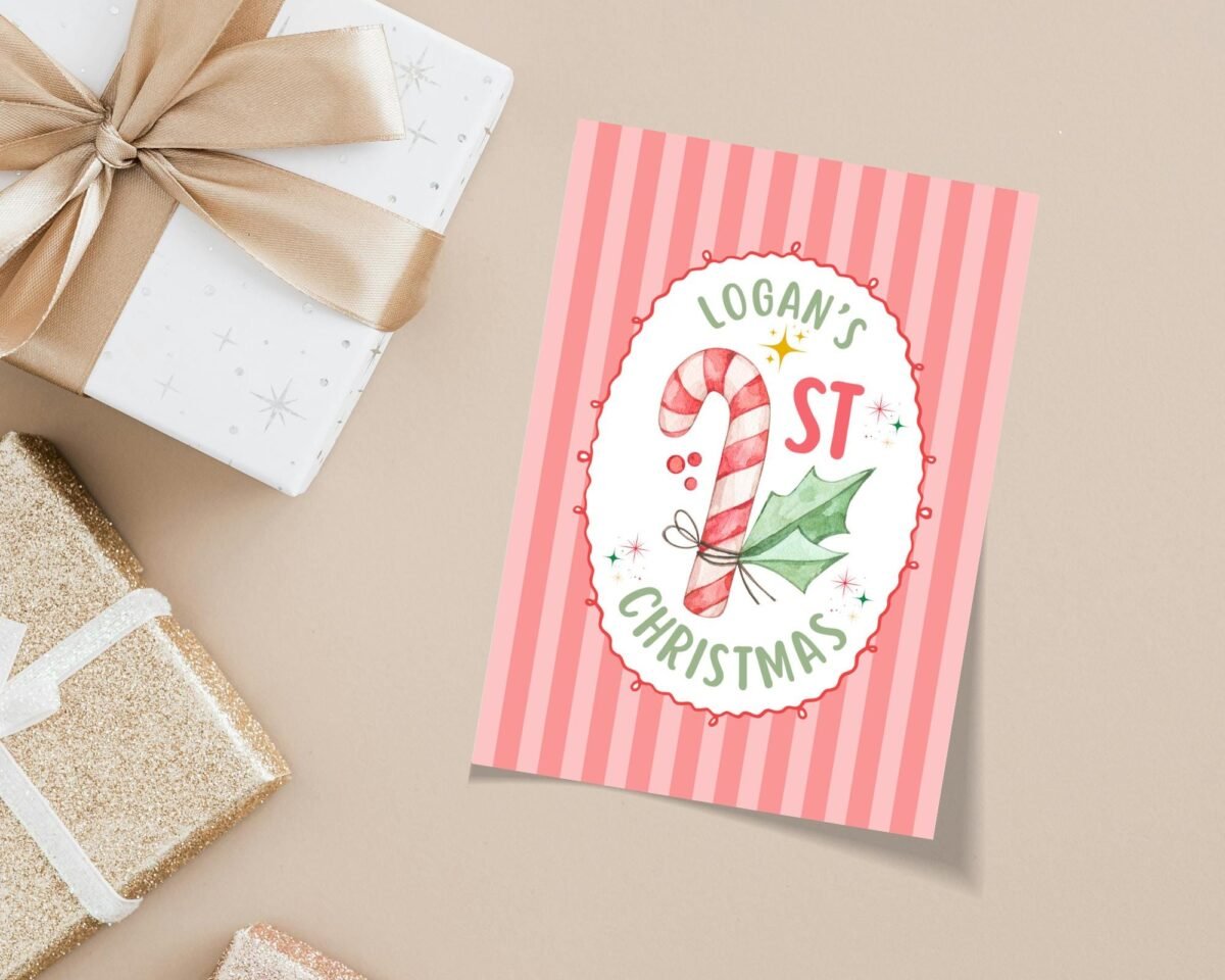 Baby's First Christmas Card, 5 x 7 Candy Cane Greeting Card with Red/Green Stripes