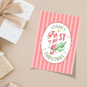 Baby's First Christmas Card, 5 x 7 Candy Cane Greeting Card with Red/Green Stripes