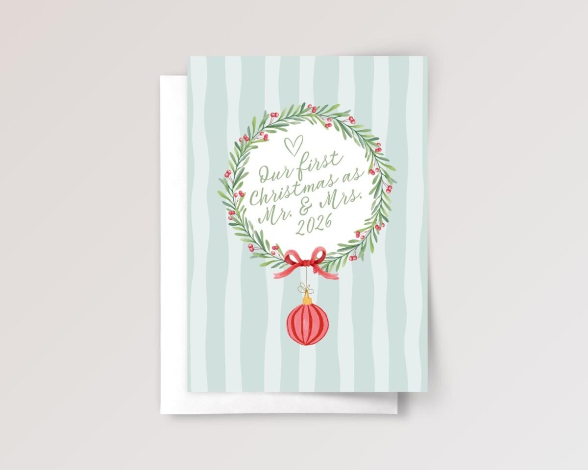Our First Christmas Card for Husband and Wife, Floral Wreath 5x 7 Greeting Card and Envelope