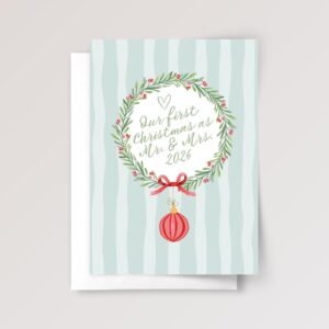 Our First Christmas Card for Husband and Wife, Floral Wreath 5x 7 Greeting Card and Envelope