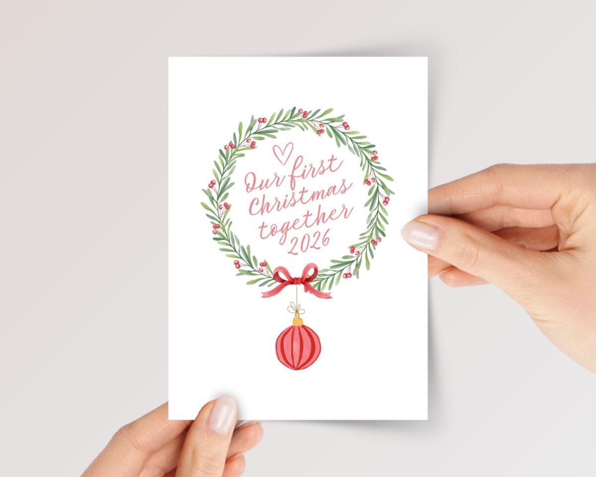 2026 Christmas Card for Couple with Floral Wreath, 5x 7 Greeting Card and Envelope