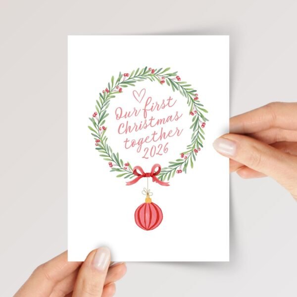 2026 Christmas Card for Couple with Floral Wreath, 5x 7 Greeting Card and Envelope