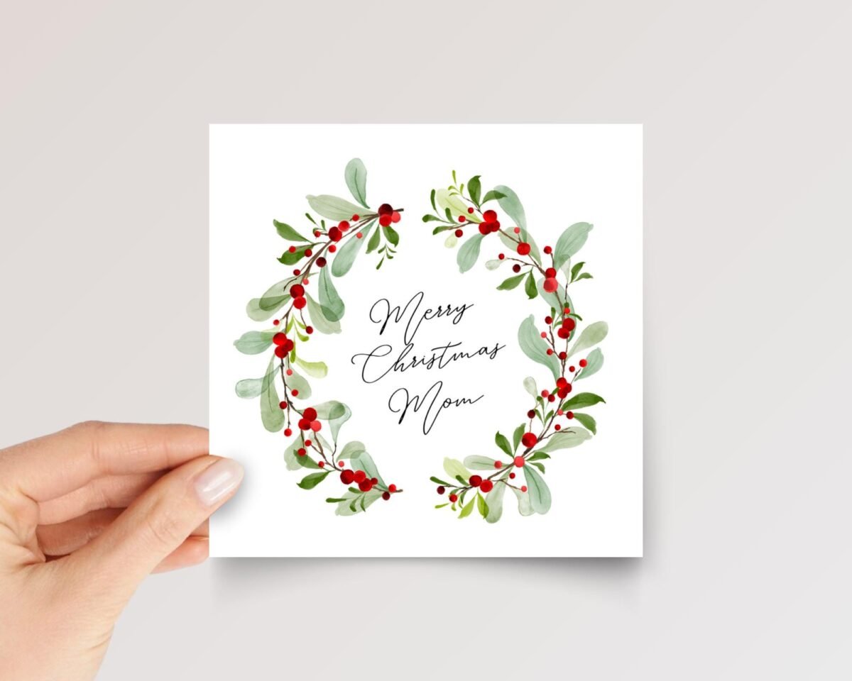 Christmas Card for Mom with Watercolor Wreath, 5 1/4 Inch Square Greeting Card