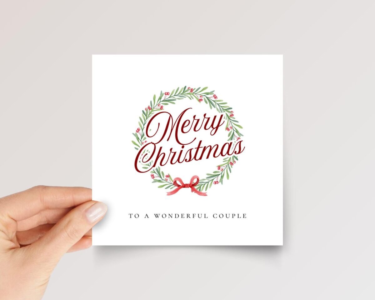 Personalized Christmas Card for Couple, Square Folded Greeting Card with Floral Wreath