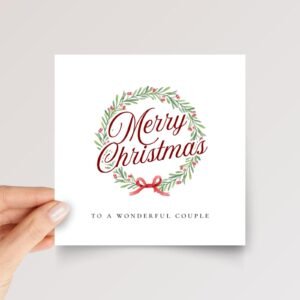 Personalized Christmas Card for Couple, Square Folded Greeting Card with Floral Wreath