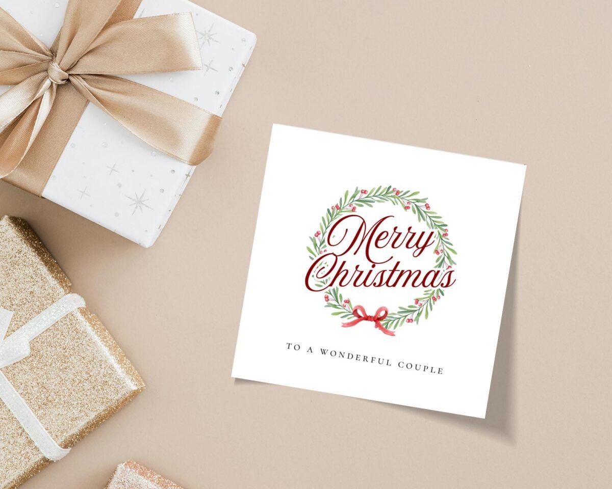 Personalized Christmas Card for Couple, Square Folded Greeting Card with Floral Wreath