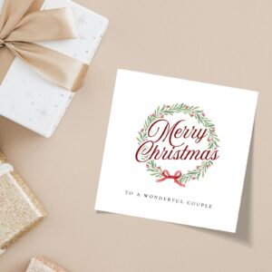 Personalized Christmas Card for Couple, Square Folded Greeting Card with Floral Wreath