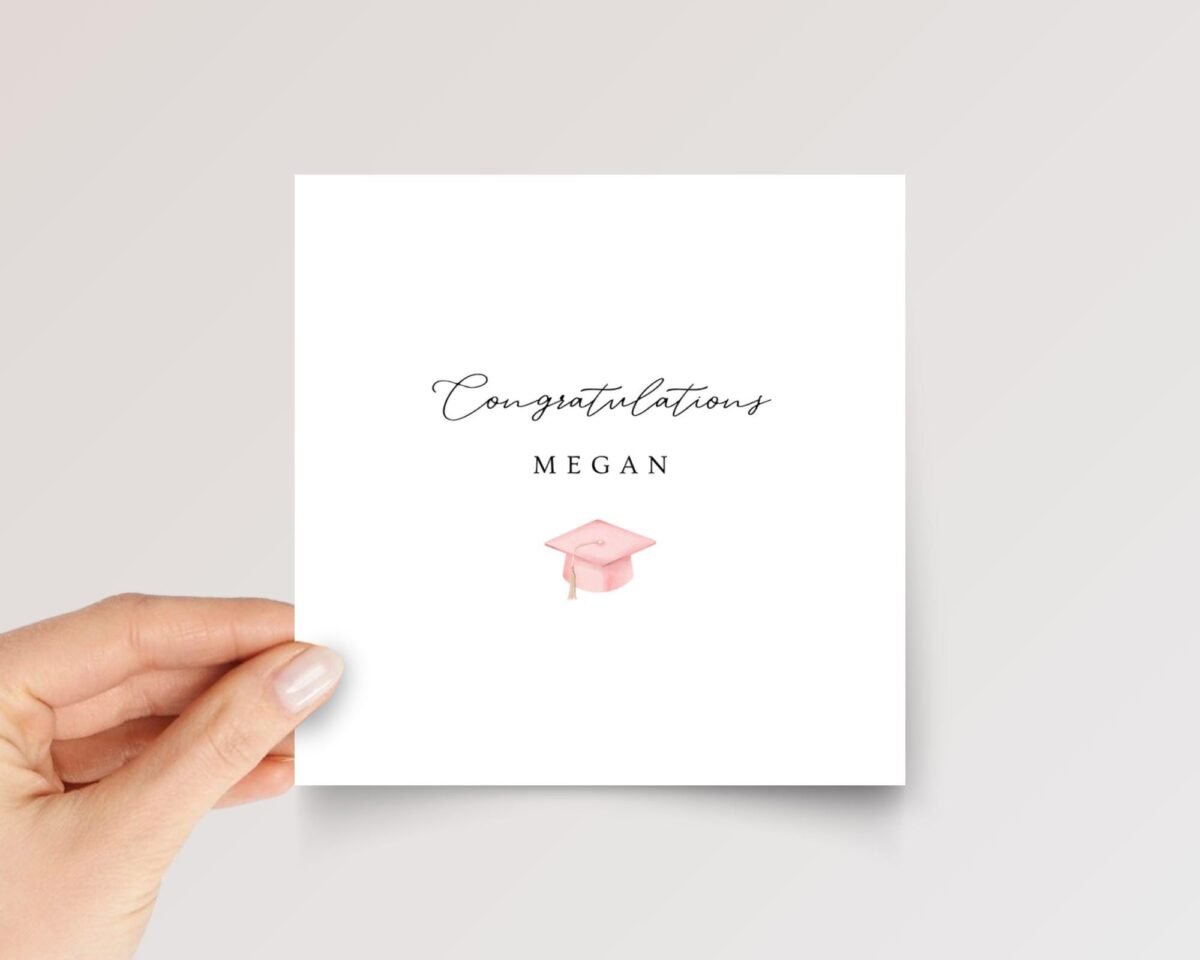 Graduation Card with Pink Oxford Cap for Graduate, Square Greeting with White Envelope