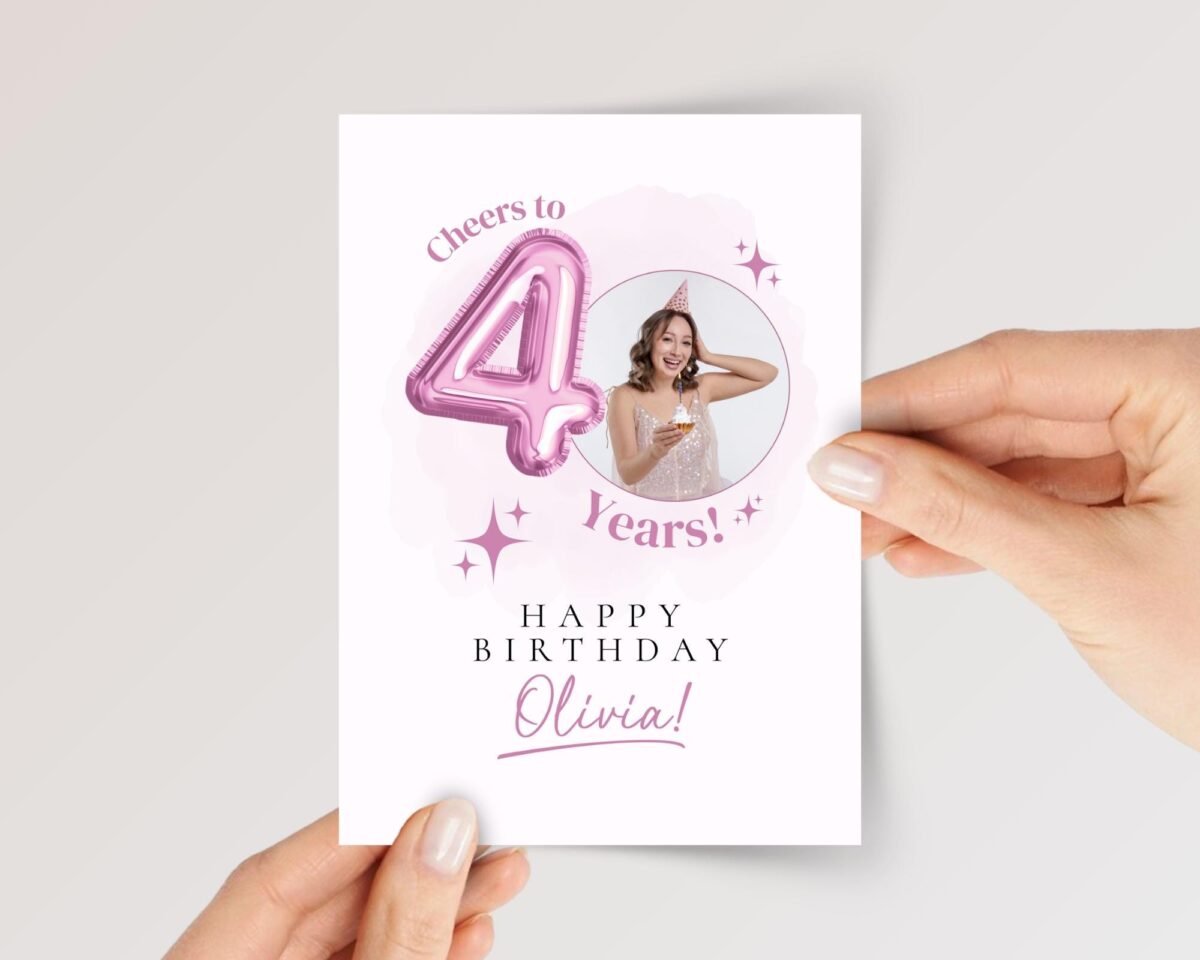 Personalized 40th Birthday Card with Photo and Pink Balloon, 5 x 7 Greeting Card