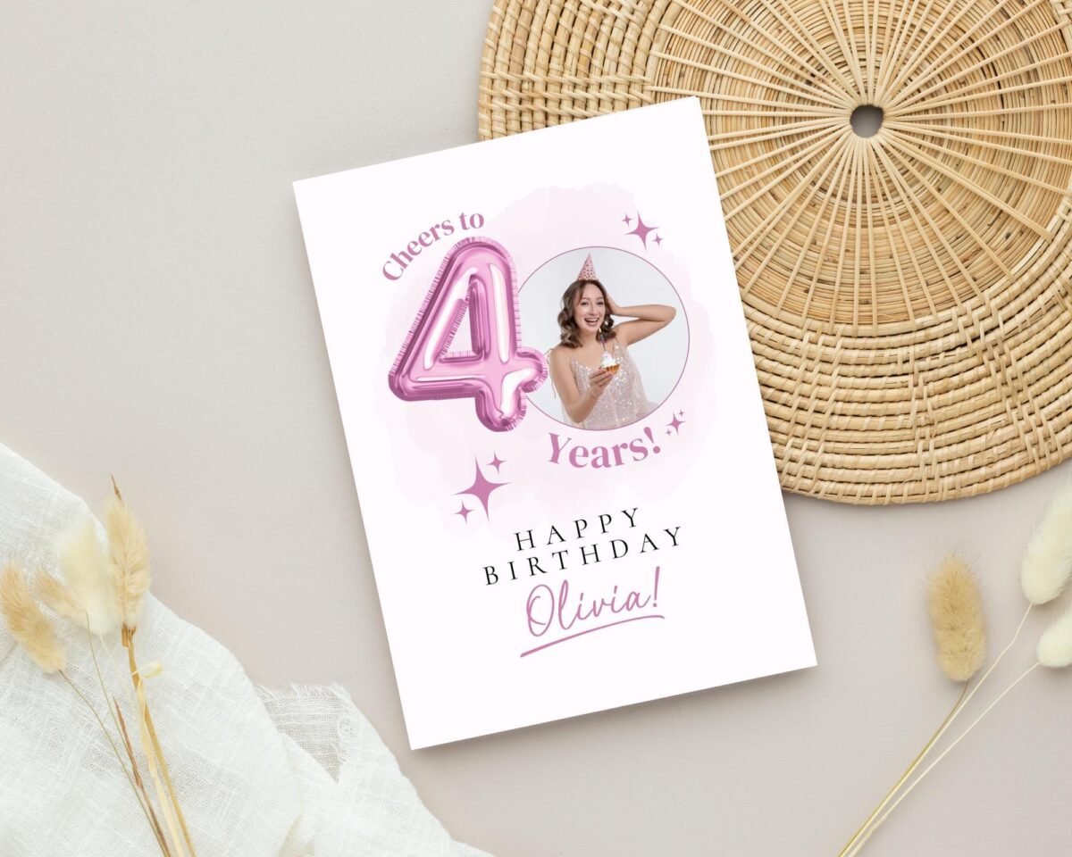 Personalized 40th Birthday Card with Photo and Pink Balloon, 5 x 7 Greeting Card