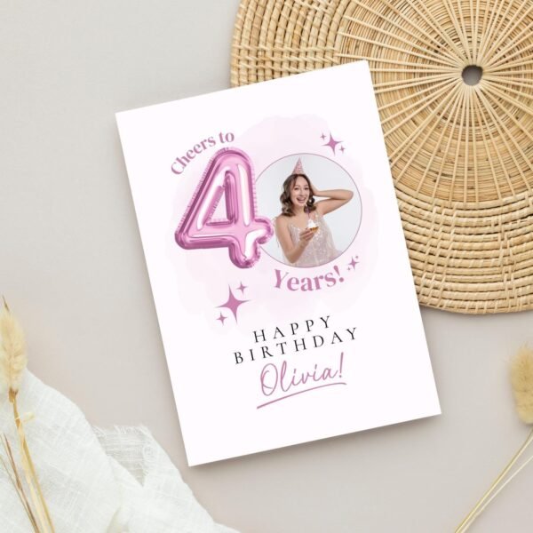 Personalized 40th Birthday Card with Photo and Pink Balloon, 5 x 7 Greeting Card