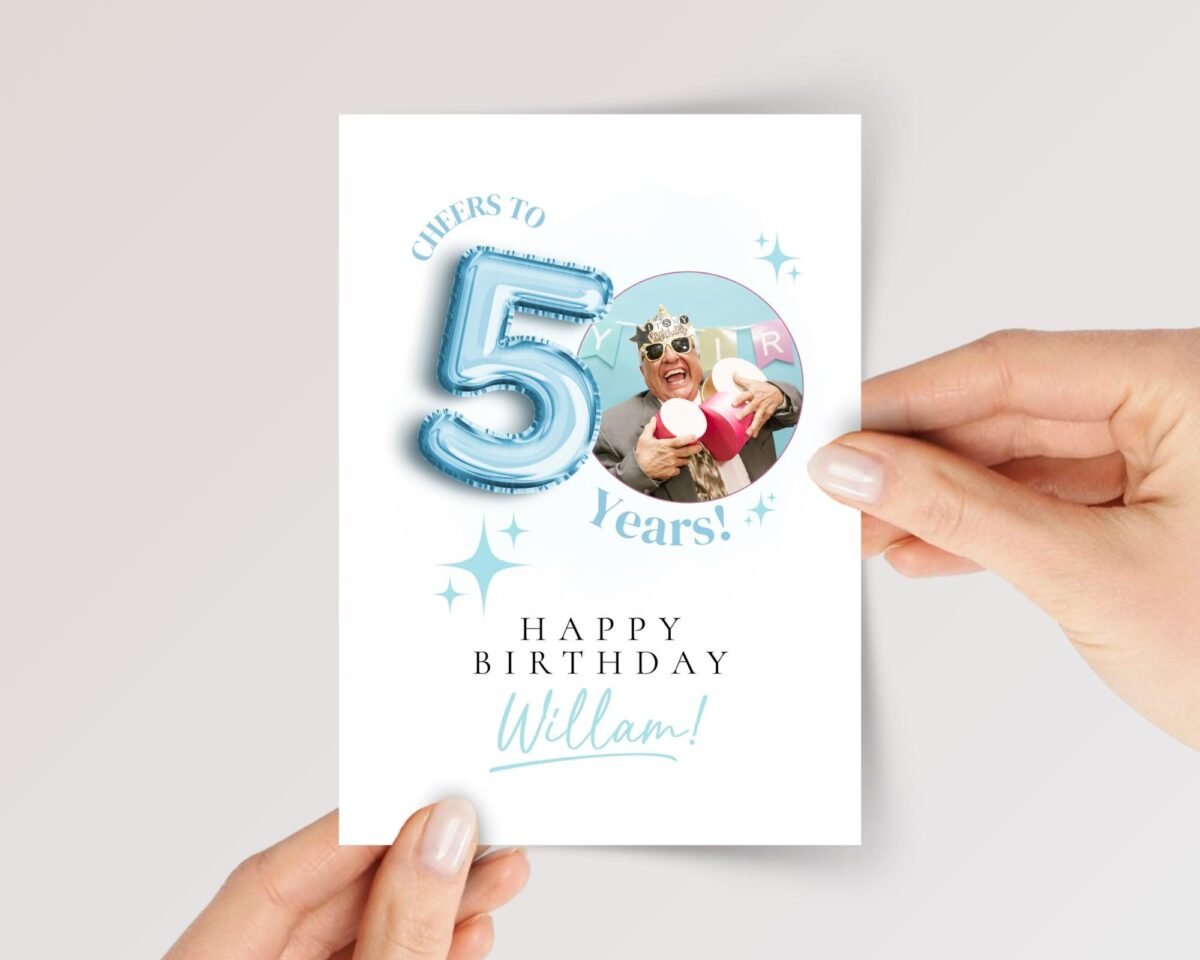 Personalized 50th Birthday Card with Photo and Teal Balloon, 5 x 7 Greeting Card Personalized 50th Birthday Card with Photo and Teal Balloon, 5 x 7 Greeting Card