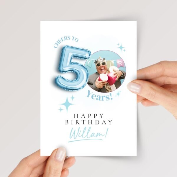 Personalized 50th Birthday Card with Photo and Teal Balloon, 5 x 7 Greeting Card