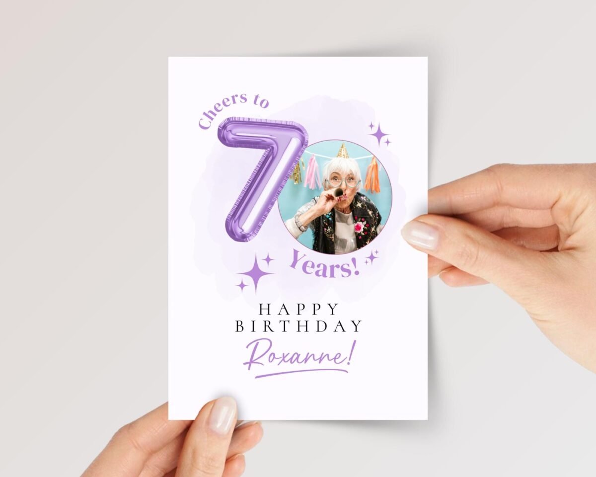 Personalized 70th Birthday Card with Photo and Purple Balloon, 5 x 7 Greeting Card