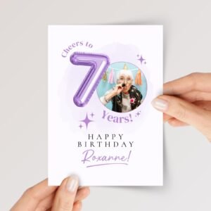Personalized 70th Birthday Card with Photo and Purple Balloon, 5 x 7 Greeting Card