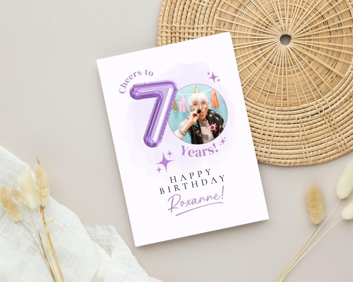Personalized 70th Birthday Card with Photo and Purple Balloon, 5 x 7 Greeting Card