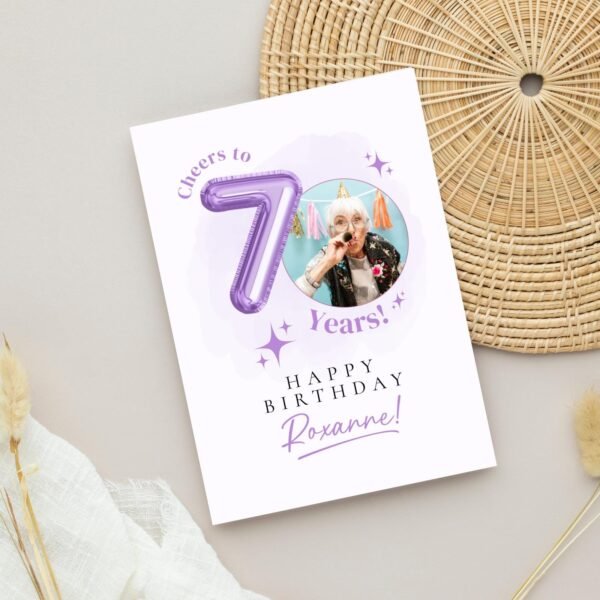 Personalized 70th Birthday Card with Photo and Purple Balloon, 5 x 7 Greeting Card