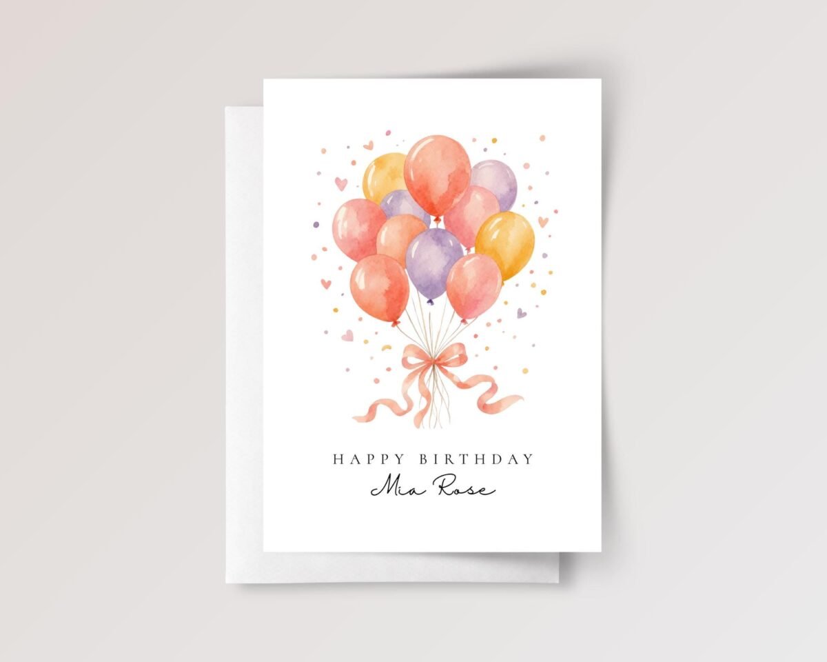 Personalized Birthday Card, 5 x 7 Greeting Card with Orange and Purple Balloons, Gift for Her Personalized Birthday Card, 5 x 7 Greeting Card with Orange and Purple Balloons, Gift for Her