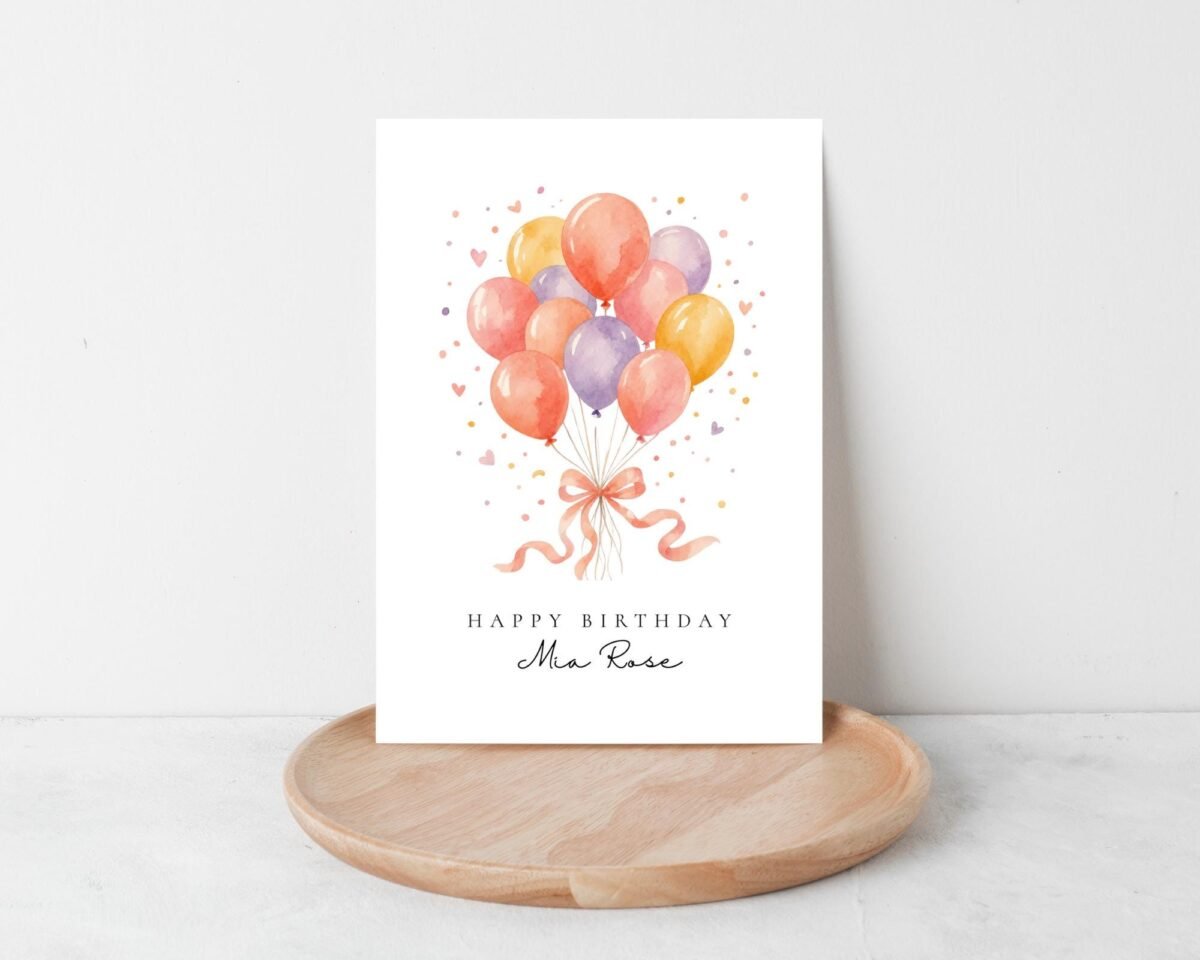 Personalized Birthday Card, 5 x 7 Greeting Card with Orange and Purple Balloons, Gift for Her Personalized Birthday Card, 5 x 7 Greeting Card with Orange and Purple Balloons, Gift for Her