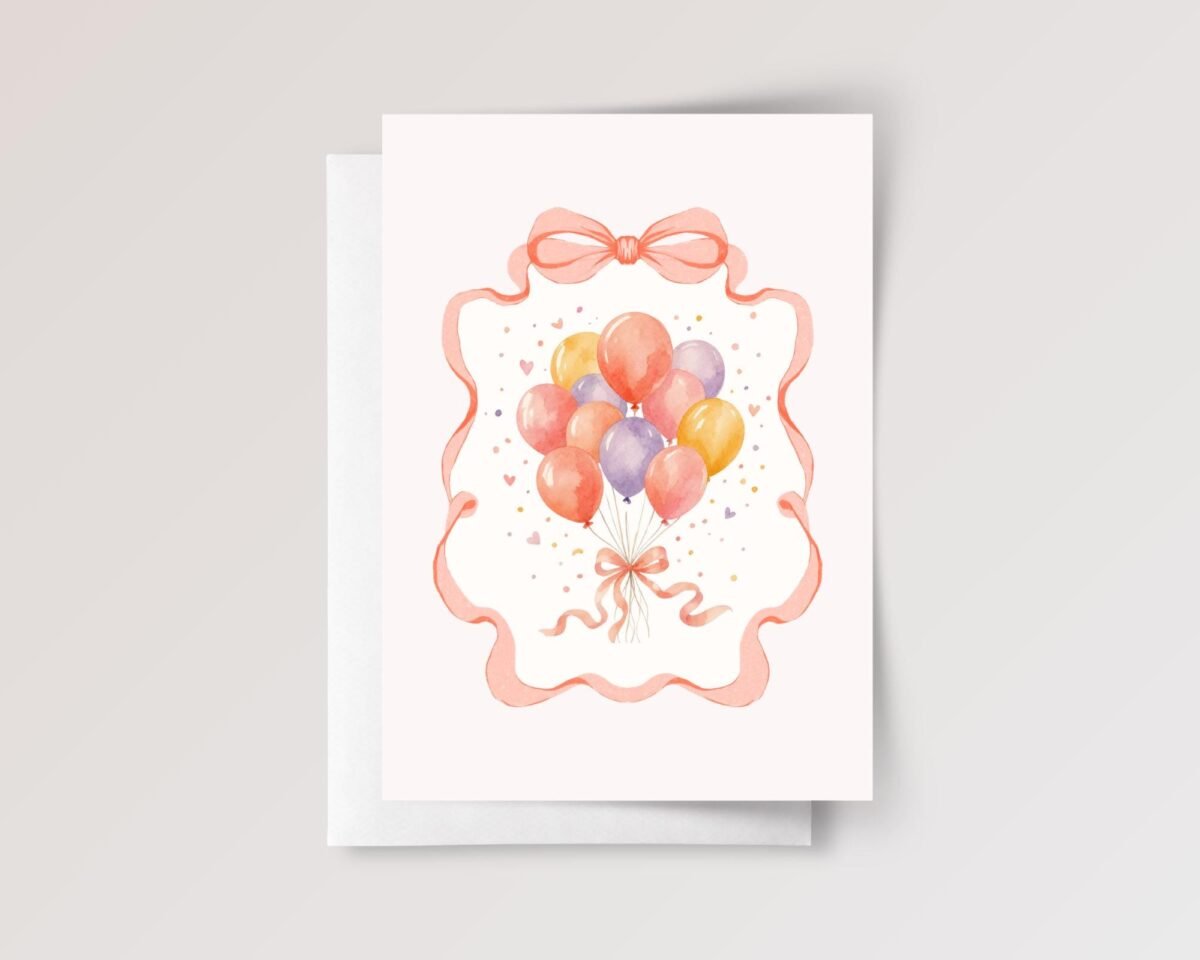 Birthday Card with Coral Ribbon and Balloons, 5 x 7 Watercolor Greeting Card, Gift for Her