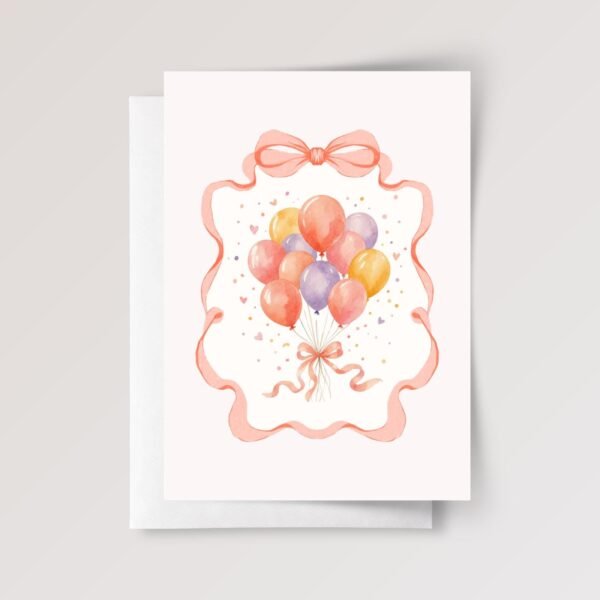 Birthday Card with Coral Ribbon and Balloons, 5 x 7 Watercolor Greeting Card, Gift for Her Birthday Card with Coral Ribbon and Balloons, 5 x 7 Watercolor Greeting Card, Gift for Her
