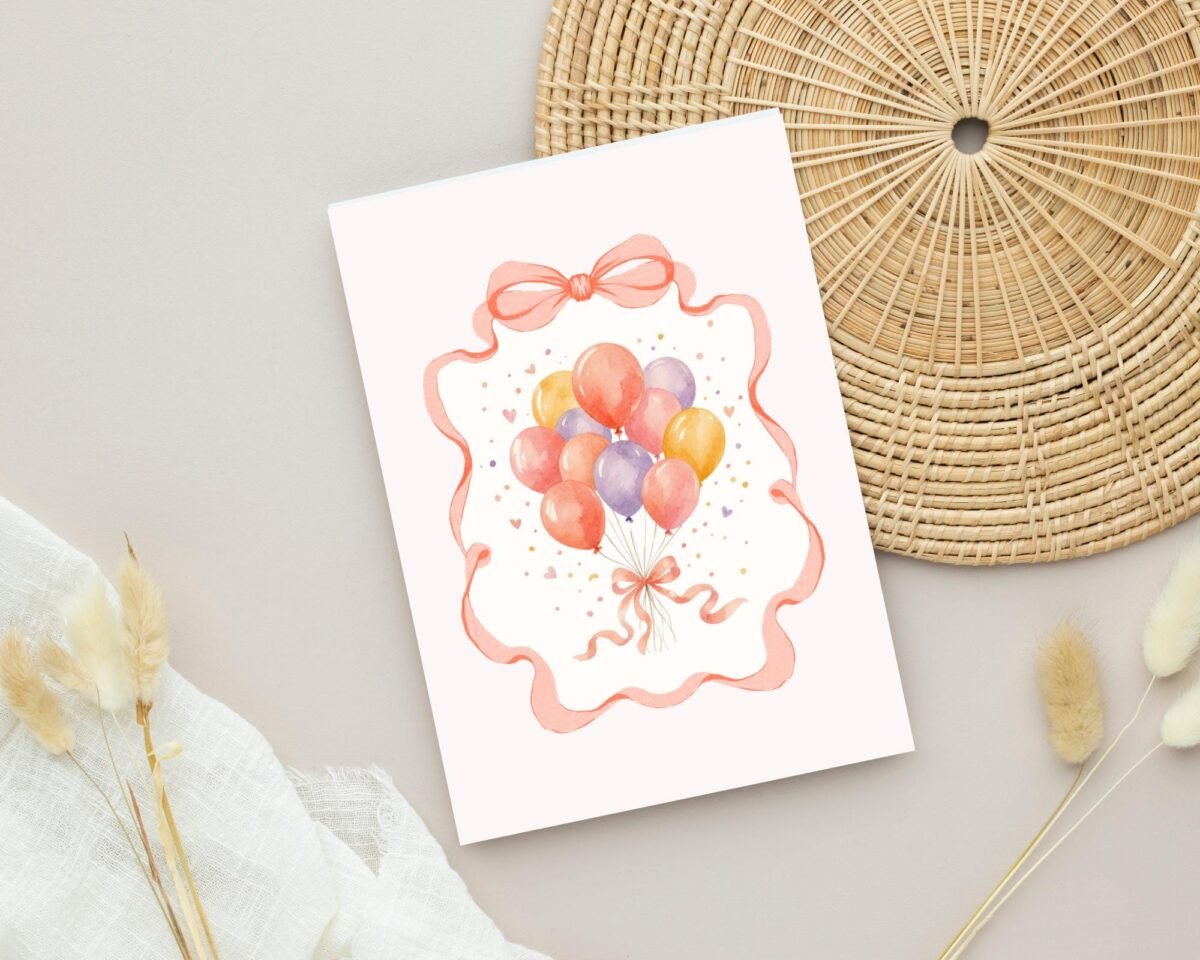 Birthday Card with Coral Ribbon and Balloons, 5 x 7 Watercolor Greeting Card, Gift for Her