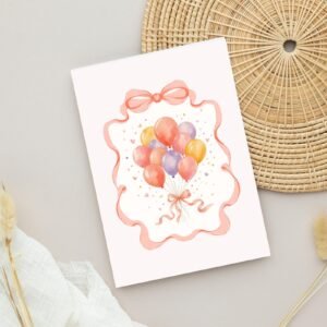 Birthday Card with Coral Ribbon and Balloons, 5 x 7 Watercolor Greeting Card, Gift for Her