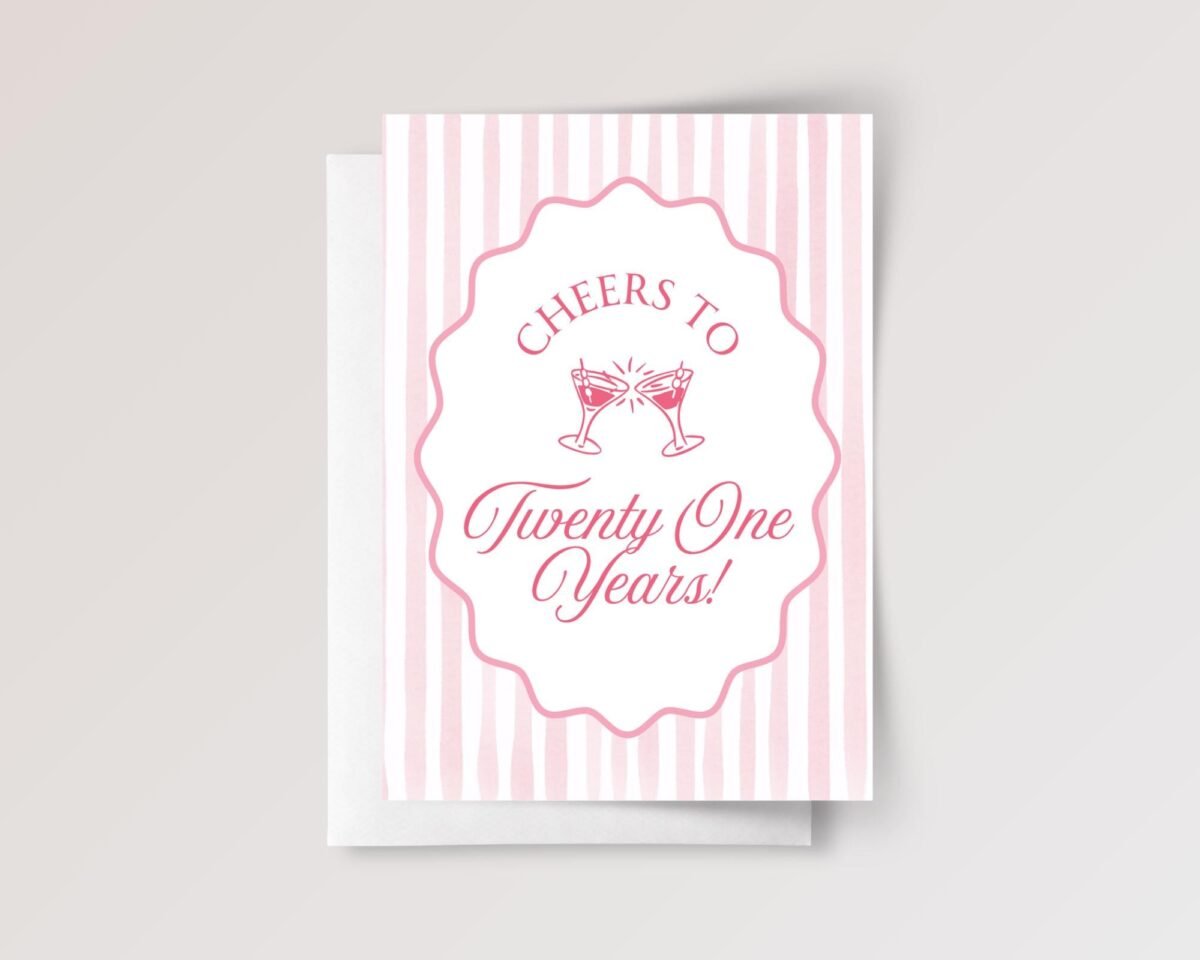 21st Birthday Card, 5 x 7 Greeting Card with Pink Stripes and Martini Glasses, Gift for Her